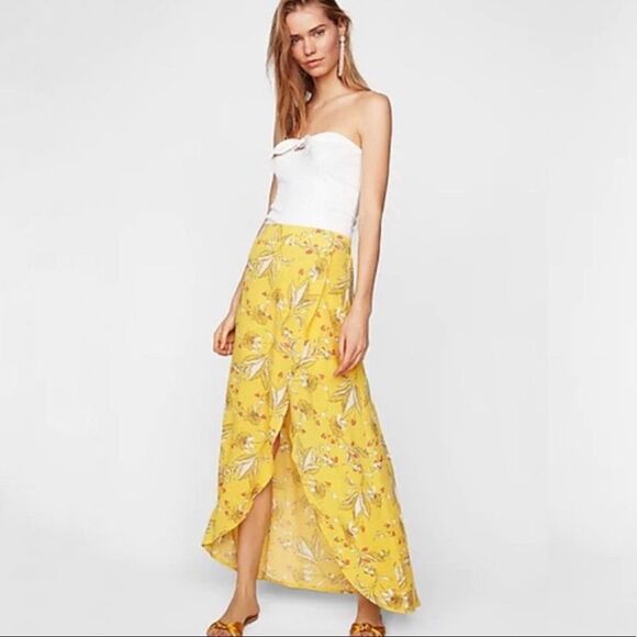 Express Floral Boho Wrap Maxi Skirt Yellow - Picture 1 of 9